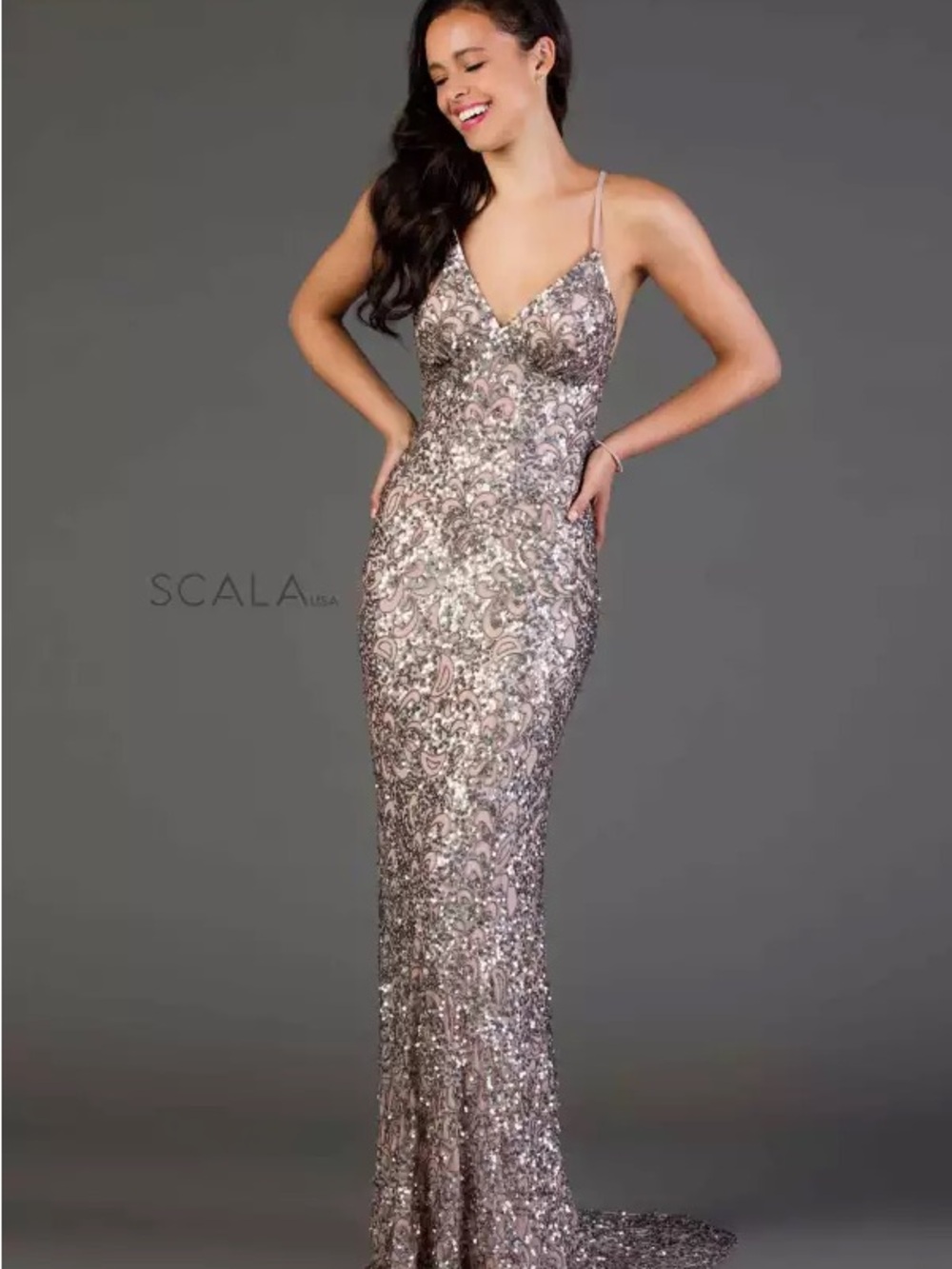 Scala Rose Gold Sequin V-Neck Prom Gown